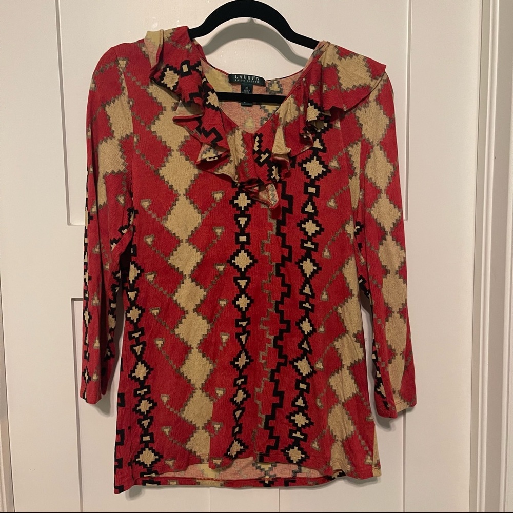 Lauren Ralph Lauren size XL red and tan southwest print cotton blend blouse!